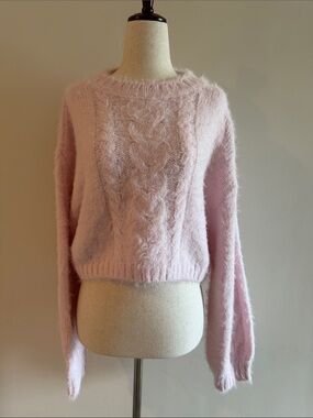 Altar'd State Light Pink Fuzzy Cable-Front Crewneck Sweater